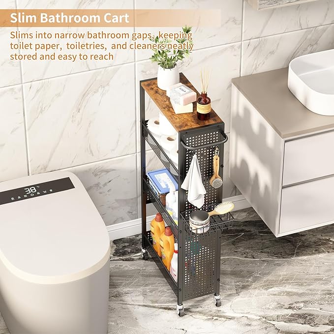 Slim Storage Rolling Cart: 4-Tier Narrow Metal and Wood Utility Cart with Wheels for Kitchen/Laundry/Bathroom(Black)