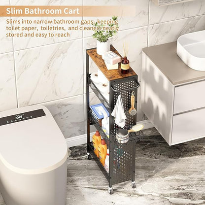 Slim Storage Rolling Cart: 4-Tier Narrow Metal and Wood Utility Cart with Wheels for Kitchen/Laundry/Bathroom(Black)