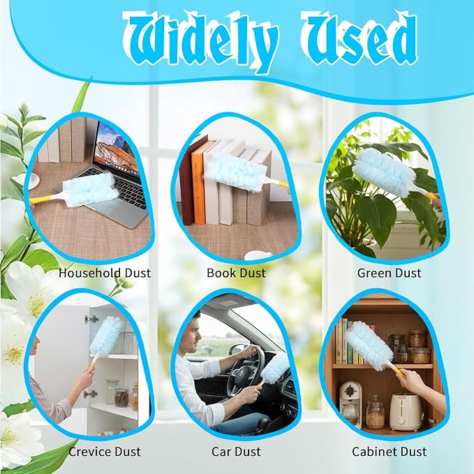 60 Count 360° Duster Refills, Disposable Heavy Duty Duster Refills Kit with 2 Handles, Microfiber Duster Feather Duster Electrostatic Lock-Dust System for Cleaning Furniture, Blinds, Electronics