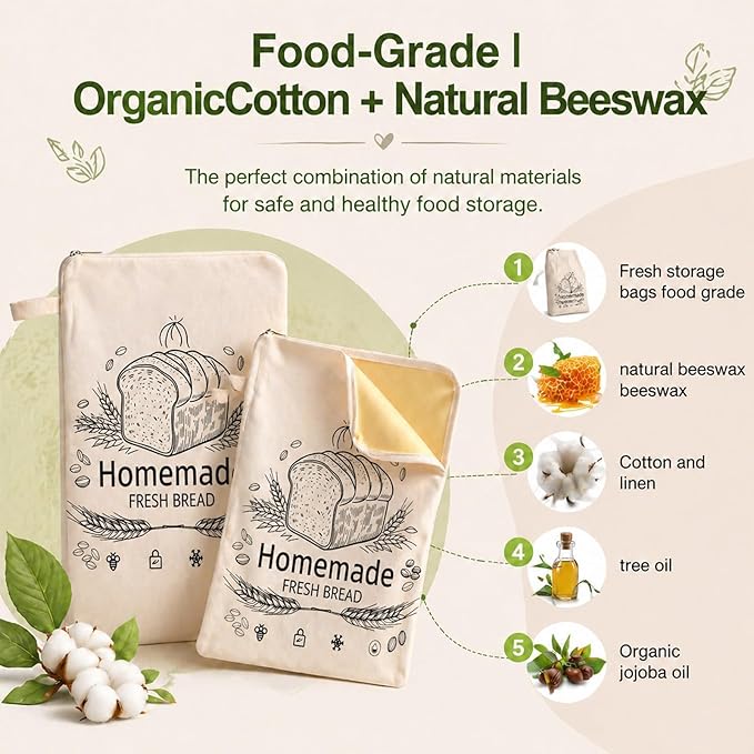 Beeswax Bread Bags, Bread Bags for Homemade Bread, Bees Wax Bread Bag, Reusable & Eco-Friendly,100% Natural Beeswax & Cotton, Long-Lasting Freshness,Airtight & Freezer-Friendly Food Storage