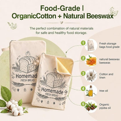 Beeswax Bread Bags, Bread Bags for Homemade Bread, Bees Wax Bread Bag, Reusable & Eco-Friendly,100% Natural Beeswax & Cotton, Long-Lasting Freshness,Airtight & Freezer-Friendly Food Storage