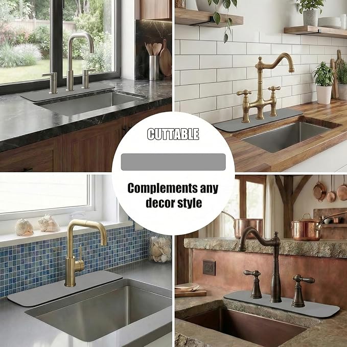 Customizable Faucet Mat for Kitchen Sink: 24" L x 4" W Grey Bathroom Counter Protector - Cuttable to Fit 2, 3 Hole & Oval Rectangle Square Faucet - Splash Guard for Irregular Sink with Soap Dispenser