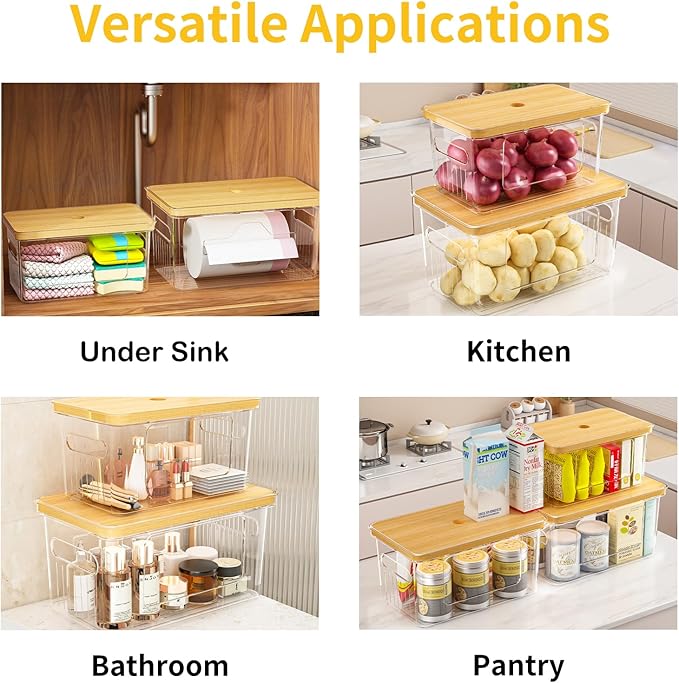 2 Pack Trash Bag Holder with Bamboo Lid, Stackable Garbage Bag Dispenser Under Sink, Storage Organizer for Kitchen, Laundry, Pantry