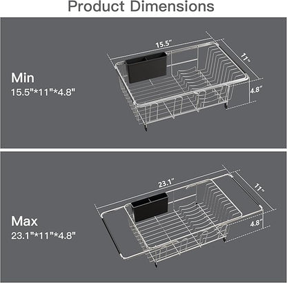Over the Sink Expandable Dish Drainer Drying Rack In Stainless Steel for Small Kitchen, Counter Space Saving Modern Compact Metal Above Plate Dryer Strainer, Adjustable Hanging Inside Drain Holder