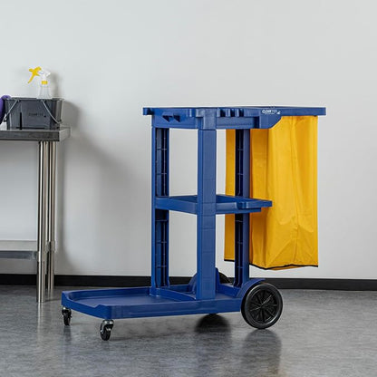 Restaurantware-Clean Tek Professional Janitor Cart with Wheels, 1 Cleaning Trolley with 18 Gallon Bag - 3 Shelves, Heavy-Duty, Blue Plastic Commercial Janitorial Cart, for Restaurants