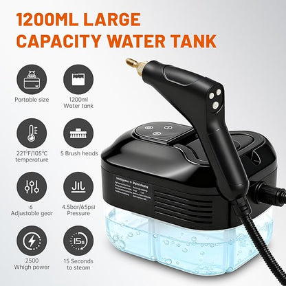 Pressurized Handheld Steam Cleaner, Portable Steamer for Cleaning with 1.2L Large Tank, 15s Fast Heat-Up, 6-Level Adjustable, Powerful Steam Cleaner for Home, Car, Kitchen, Tile, Grout(black)