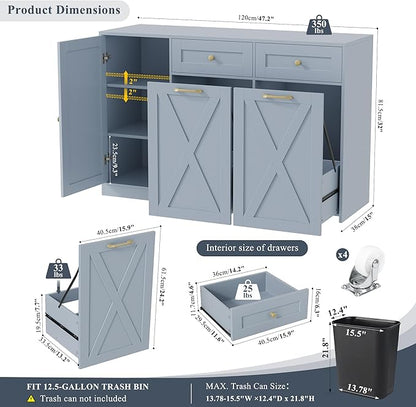HOSTACK 12.5 Gallon Kitchen Trash Cabinet, 47" Double Trash Can Cabinet, Large Pull Out Can Storage Drawers, Wood Farmhouse Hidden Garbage Storage Buffet for Kitchen, Dining Room, Blue