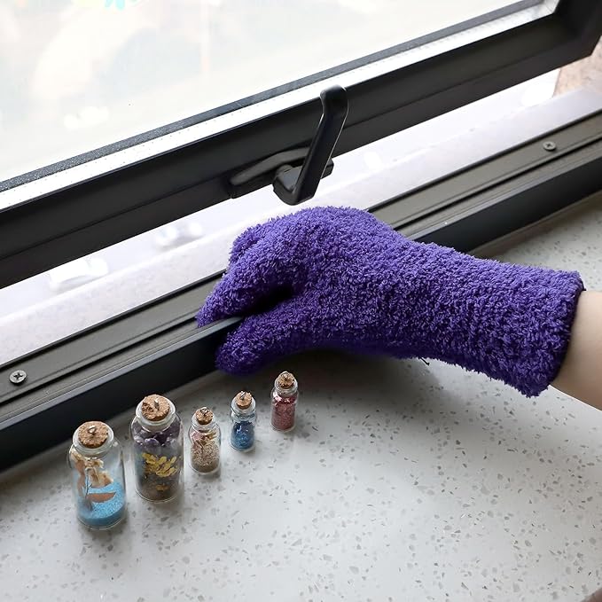 Patelai 2 Pairs Microfiber Gloves for plants Dusting Cleaning Glove Mittens House Cars Blinds Dusting(Dark Purple, Violet,Large)