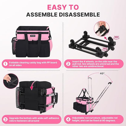 JKAOO Large Rolling Cleaning Caddy Bag with Detachable Trolley, Waterproof Cleaning Caddy on Wheels for Housekeepers, Cleaning Cart Supplies Organizer for Home,Car,Office,Picnic (Pink) (in Patent)