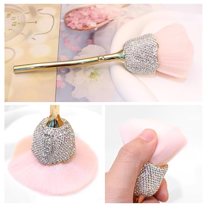 1pc Nail Art Dust Powder Remover Inlaid Clear Crystal, Rose Soft Nail Brush Acrylic Nail Manicure Dust Cleaner Brush for Nail Trimming Cleaning Makeup Brush Tools