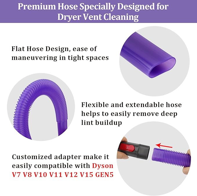 RTop Dryer Vent Lint Vacuum Atttachments and Crevice Tool for Dyson Gen 5 V15 V15s V12 V11 V10 V9 V8 V7 Detect Outsize Slim Absolute Cyclone Vacuum Nozzle Flexible Dryer Lint Remove Tool Cleaner Kit