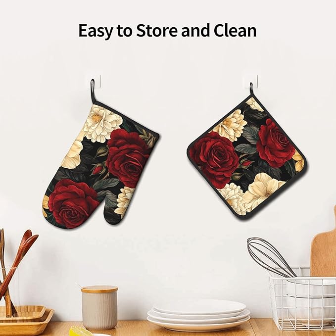 Boho Oven Mitts and Pot Holders Sets Vintage Peony Flowers Kitchen Mitts Potholders 2PCS Floral Oven Gloves Hot Pads for Kitchen Baking Cooking