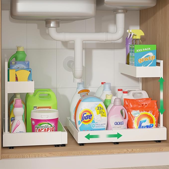REALINN L-Shaped Under Sink Organizer with 6-Level Height Adjustment & Expandable Width, Pull-Out Cabinet Storage Rack with Quiet Sliding Rails for Kitchen, Bathroom, Laundry Room Cabinets, White