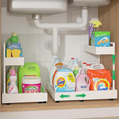 REALINN L-Shaped Under Sink Organizer with 6-Level Height Adjustment & Expandable Width, Pull-Out Cabinet Storage Rack with Quiet Sliding Rails for Kitchen, Bathroom, Laundry Room Cabinets, White