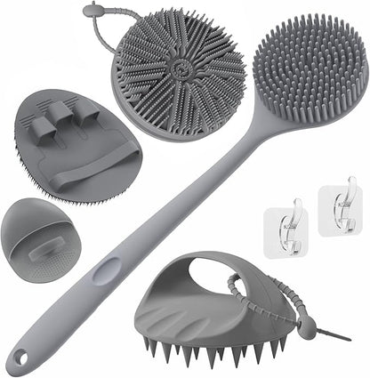 Manmihealth Silicone Back Scrubber & Soft Bath Glove, Silicone Scalp Massager Set 5 PCS, Super-Exfoliating Body Scrubber Shower Brush & Shampoo Brush Combination, with 2 Free Hooks (Style 2 Gray)