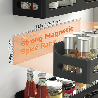 Sevenblue 6 Pack Strong Magnetic Spice Rack for Refrigerator, Multipurpose Magnetic Shelf for Fridge with 4 Hooks for kitchen and Bathroom Organization, Black