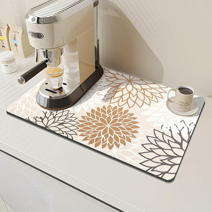 Findosom 2PCS 12" x 20" Dish Drying Mat & 24" x 5.5" Sink Splash Guard, Super Absorbent & Cuttable Dish Mat Drying Kitchen Mat with Brown Floral, Hide Stain Drying Mat for Kitchen Counter
