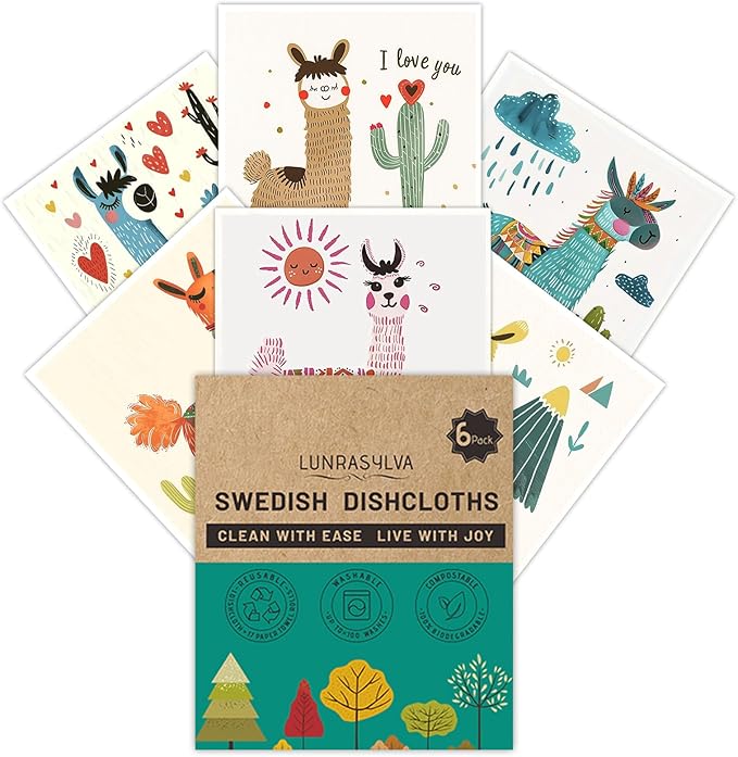 Swedish Dishcloths 6 Pack, Reusable Paper Towels Super Absorbent and Quick Drying for Kitchen, Biodegradable Washable Dish Towels Dishwasher Safe, Eco-Friendly Cleaning Cloths with Watercolor (Llama)
