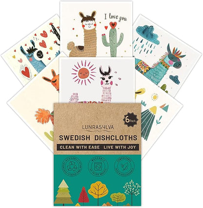 Swedish Dishcloths 6 Pack, Reusable Paper Towels Super Absorbent and Quick Drying for Kitchen, Biodegradable Washable Dish Towels Dishwasher Safe, Eco-Friendly Cleaning Cloths with Watercolor (Llama)