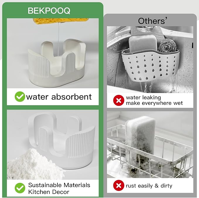 Ultra Absorbent Stone Sponge Holder for Kitchen Sink, 2 Slot Diatomite Dish Brush Sponge Holder, Diatomite Stone Sink Tray, Rustproof Sinks Caddy for Countertop, Double, White