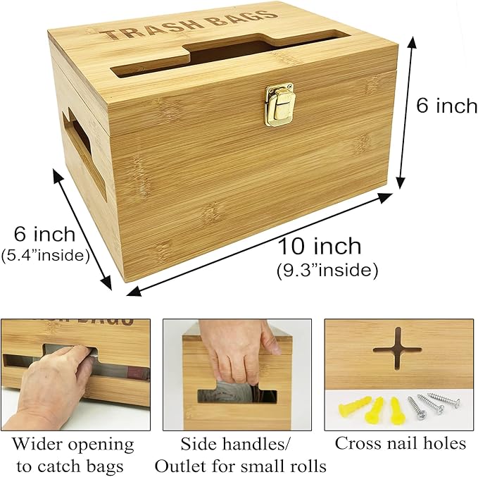 Trash Bag Dispenser with Handles, Garbage Bag Holder for Standard 13/30 Gallon Rolls Less Than 80 Bags, Kitchen Laundry Trash Bag Organizer, Wall Mounted/On Countertop/Under-Sink