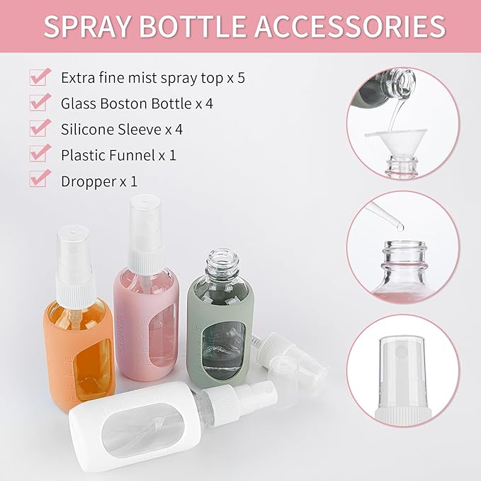 HOMBYS Empty Clear Glass 2oz Small Spray Bottles with Silicone Sleeve Protection - Refillable Containers for Travel, Cleaning Solutions, Essential Oils, Sanitizers - Fine Mist Spray - 4 Pack-Clear