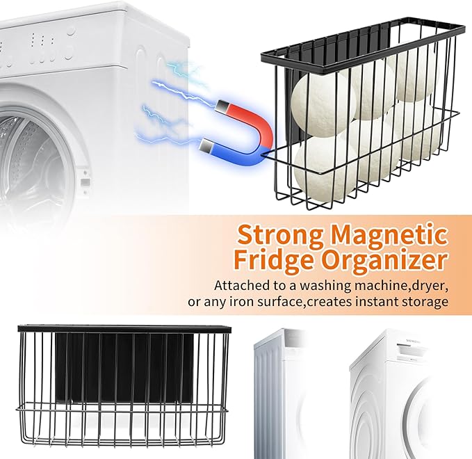 Magnetic Dryer Ball Storage for Laundry Room, Magnetic Lint Bin Basket Organization Storage, Iron Built-in Magnet Dryer Ball Holder Basket Fridge Container for Laundry Room Organizer