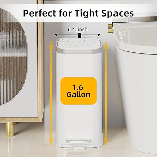 KdbK Stainless Steel Bathroom Trash Can with Lid Soft Close,1.6 Gallon Slim Garbage can,Small Metal Step Wastebasket for Office, Bedroom, Toilet, White