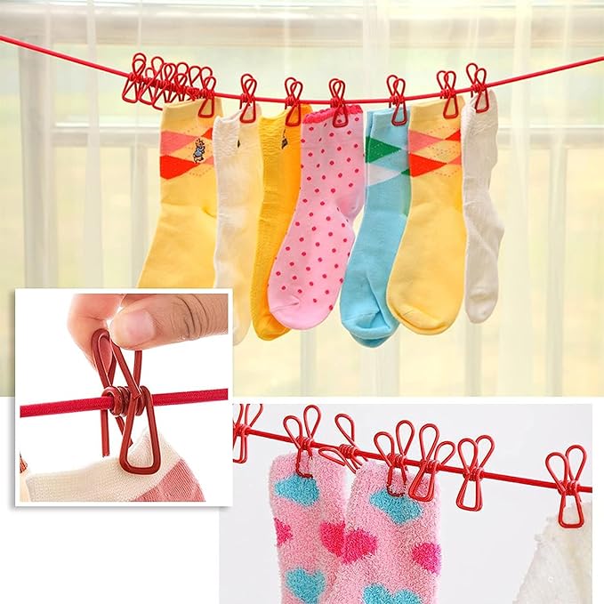 ALINNA Retractable Portable Clothesline, Travel Clothesline with 12 Clothespins for Indoor Laundry Drying, Outdoor Camping Accessories (Red)