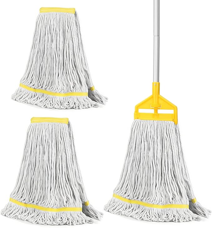 Commercial Industrial Mop Heavy Duty with 3 Replacement Head,Looped-End String Wet Mops with Long Handle for Floor Cleaning, Cotton Mop for Home Garage Office Workshop Warehouse Concrete Floor