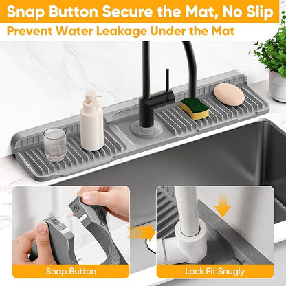 24'' Longer Faucet Mat for Kitchen Sink Splash Guard[7° Slope Fast Self-draining][Snap Lock Fit]Kitchen Sink Faucet Mat Splash Guard Kitchen Sink Area Water Splash Guard Behind Faucet Draining Mat