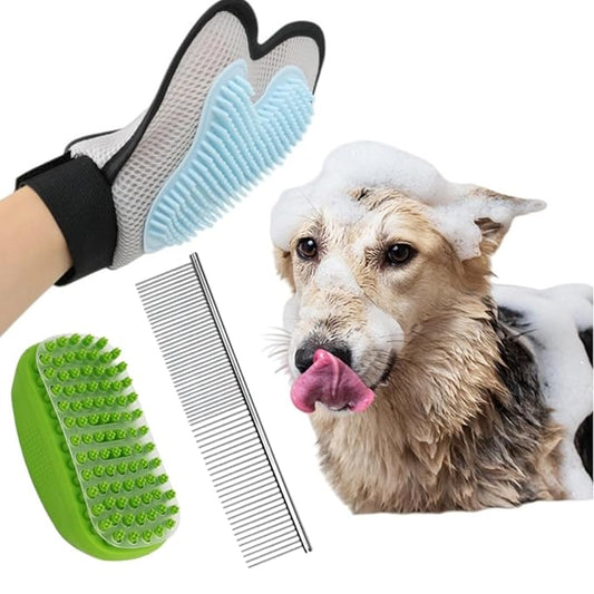 3-Piece Pet Grooming Set: Soft Silicone Shower Wash Curry Bath Brush *1 & Stainless Steel Comb *1 for Dogs/Cats with Short/Long Matted Hair,Deshedding & Knot Removal,Dry & Wet Use Massage Glove*1