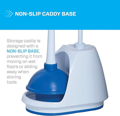 Mr. Clean Toilet Plunger and Bowl Brush Combo with Caddy, 3-Piece Heavy-Duty Plunger, Toilet Brush, and Caddy Set, White/Blue