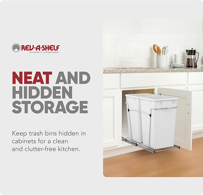 Rev-A-Shelf Double 27 Qt Pullout Trash Can for Base Kitchen Cabinets, Garbage Waste Bin System with Full Extension Slides, Min Opening Width of 11.5", White, RV-15KD-11C S