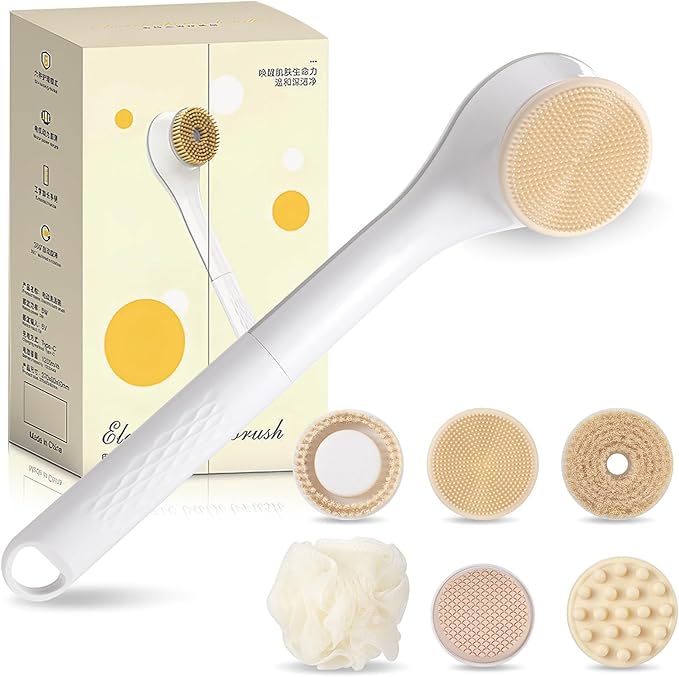 Electric Body Brush Rechargeable Back Scrubber for Shower Exfoliating Bath Brush Long Handle for Shower Lotion Applicator for Back Silicone Body Scrubber with 6 Shower Brush Heads