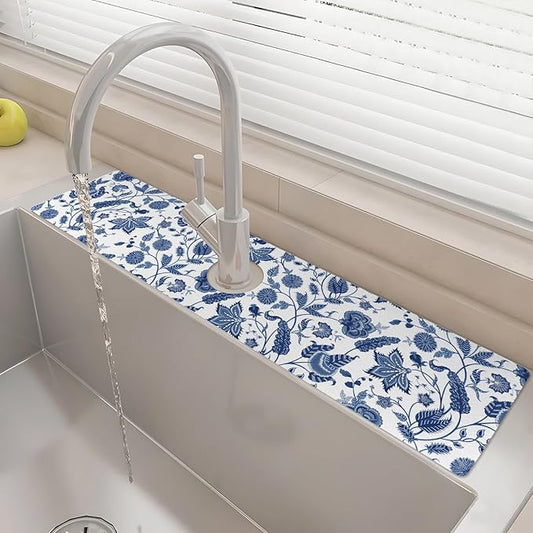 24" X 5.5" Kitchen Sink Splash Guard Faucet Mat Flora Super Absorbent Fast Drying Faucet Guard & Draining Mat Sink Splash Guard Behind Faucet for Kitchen, Bathroom