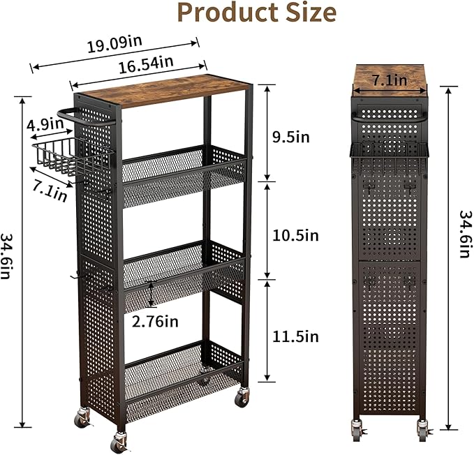 Slim Storage Rolling Cart: 4-Tier Narrow Metal and Wood Utility Cart with Wheels for Kitchen/Laundry/Bathroom(Black)