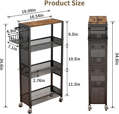 Slim Storage Rolling Cart: 4-Tier Narrow Metal and Wood Utility Cart with Wheels for Kitchen/Laundry/Bathroom(Black)