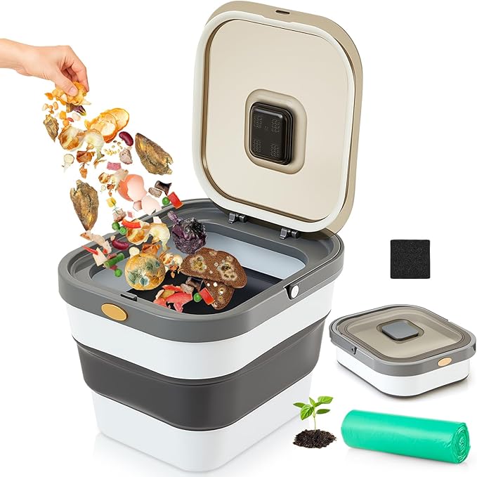 Reallnaive Collapsible Compost Bin for Kitchen Countertop 3.2 Gallon Compost Bucket for Kitchen with Lid Odorless Compost Bin Countertop with 20 Compost Bags and 1 Carbon Filters