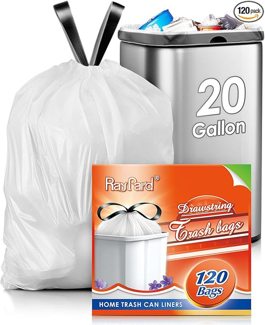 20 Gallon Large Drawstring Trash Bags 120 Counts, Fit 20-21 Gal Trash Can, Heavy Duty Tall Kitchen Garbage Liners, Large Trash Bags Size Chart for Home/Office, Outdoor Lawn & Leaf Bags, White