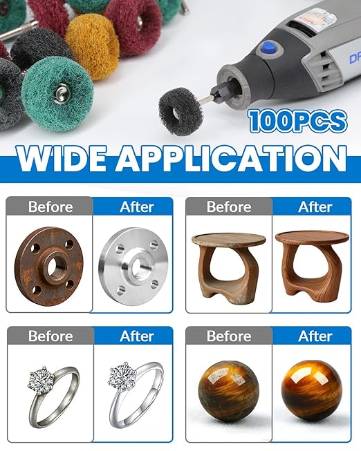 100Pcs Abrasive Buffing Wheels, 1 Inch Alumina Polishing Wheel Set, 1/8" Shank Thickened Polishing Kit for Dremel Rotary Tools, Metal Rust Removal Wood Glass Jewelry Polishing