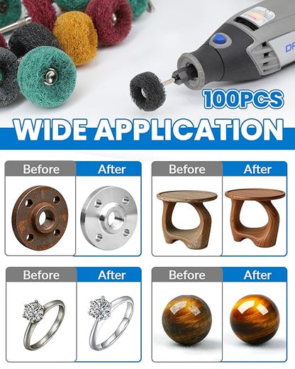 100Pcs Abrasive Buffing Wheels, 1 Inch Alumina Polishing Wheel Set, 1/8" Shank Thickened Polishing Kit for Dremel Rotary Tools, Metal Rust Removal Wood Glass Jewelry Polishing