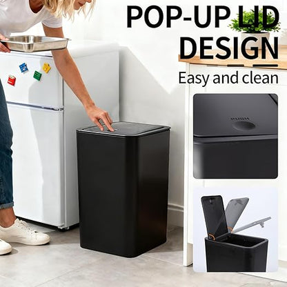 4 Gallon (15L) Slim Dog-Proof Trash Can with Press Pop-Up Lid - Odor-Blocking Small Garbage Can Includes 75 Trash Bags, Space-Saving Design for Bedroom, Kitchen, Bathroom & Office