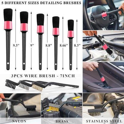 41Pcs Car Cleaning Wash Kit Interior Detailing Cleaner Kit with High Power Handheld Vacuum, Collapsible Bucket, Windshield Tool, Snow Shovel, Tire Brush, Complete Car Care Tools, Pink
