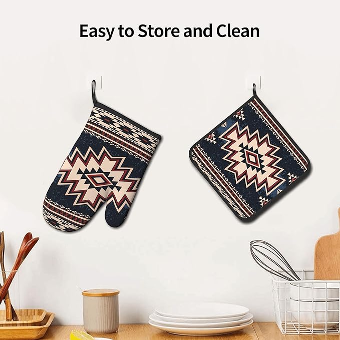 Oven Mitt and Pot Holders Sets - Boho Kitchen Mitts Decorative Tribal Oven Gloves Bohemian Hot Pads Set of 2 for Cooking BBQ Baking Grilling