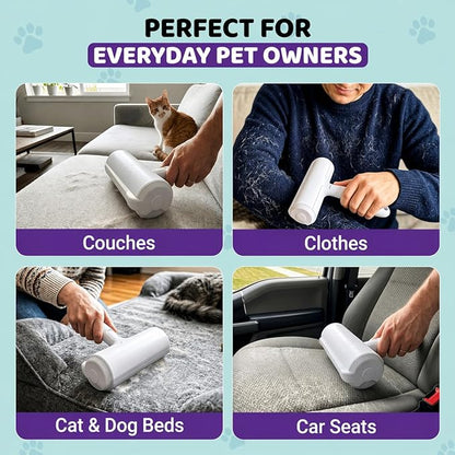 Pet Hair Remover Roller with 2 Grooming Gloves – Reusable Lint Remover for Dogs and Cats (Purple)