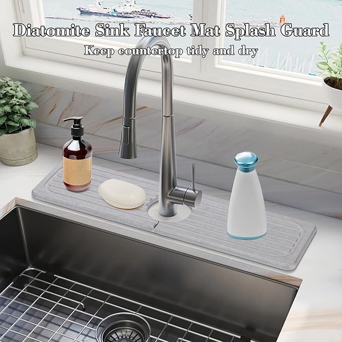 Stone Faucet Mat for Kitchen Sink, 15.7" Diatomite Drying Stone Mat Sink Protector Super Absorbent, Kitchen Sink Splash Guard, Sink Stone Quick Dry Around Faucet for Kitchen Bathroom Counter