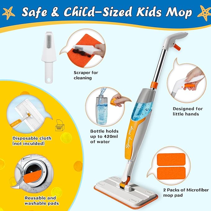 Kids Spray Mop Toy - Real Working Toddler Cleaning Set with 420ML Water Bottle, Scraper & 2 Washable Pads, Montessori Housekeeping Cleaning Toy for Pretend Play