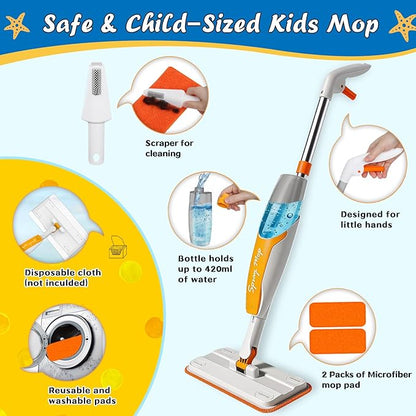 Kids Spray Mop Toy - Real Working Toddler Cleaning Set with 420ML Water Bottle, Scraper & 2 Washable Pads, Montessori Housekeeping Cleaning Toy for Pretend Play