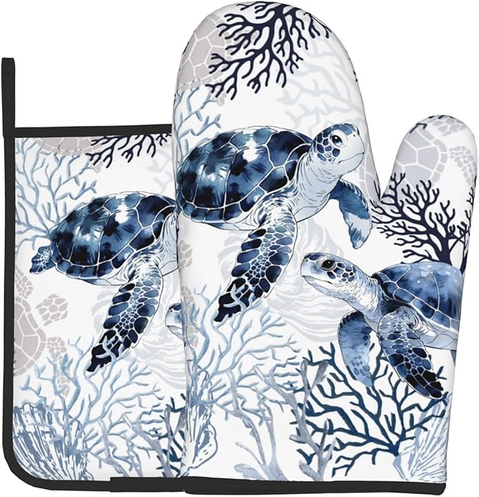 Coastal Oven Mitts and Pot Holders Sets of 2 Summer Kitchen Mitts Blue Sea Turtle Hot Pads for Cooking Baking Grilling